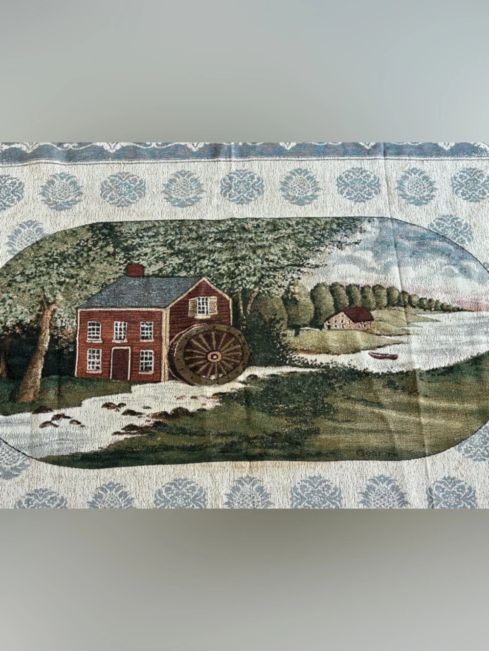 Vintage Woven Tapestry Throw Blanket Watermill Countryside Farmhouse 68x48